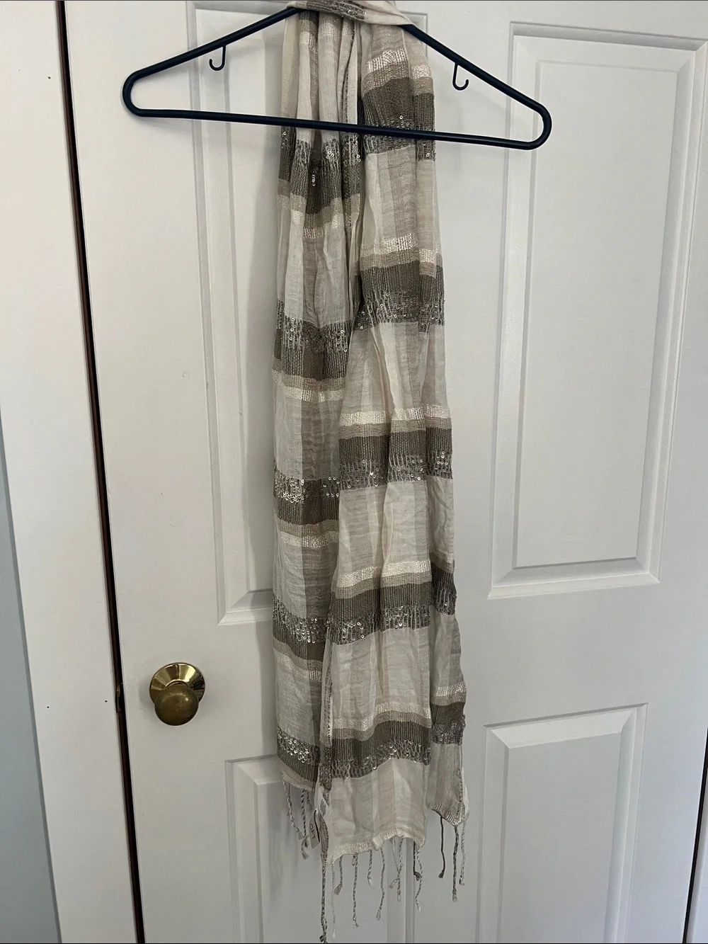 Loft Striped Lightweight Fringed Scarf in Cream and Taupe